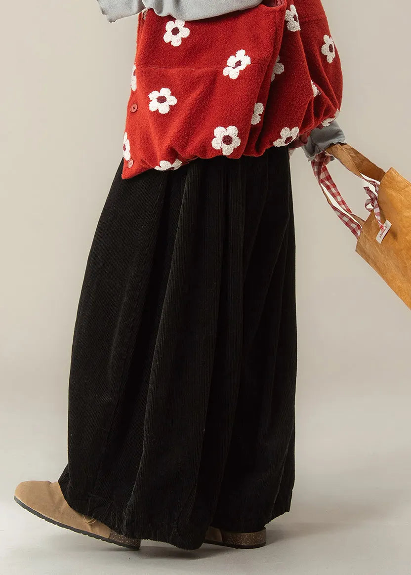Bobo Black Elastic Waist Corduroy Wide Leg Pants Spring