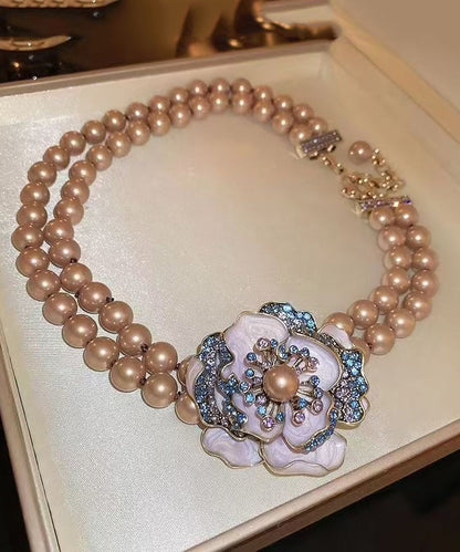 Retro Gold Copper Alloy Zircon Double Layer Pearl Princess Necklace