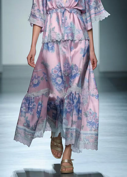 Light Purple V Neck Print Silk Long Dress Summer