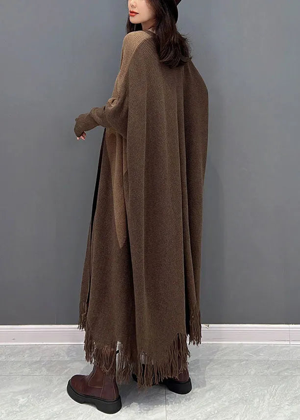 Chocolate Oversized Patchwork Tassel Knit Cardigan Batwing Sleeve