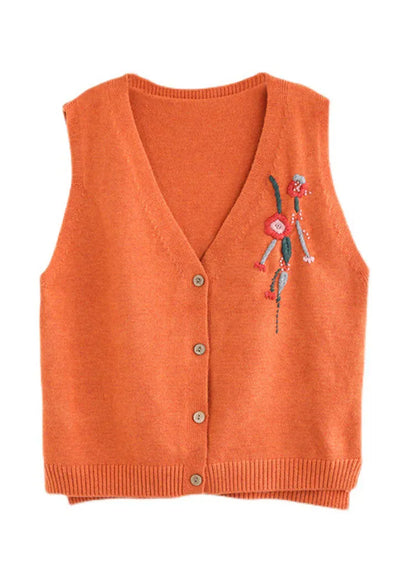 Orange V Neck Embroidered Knit Vest Spring