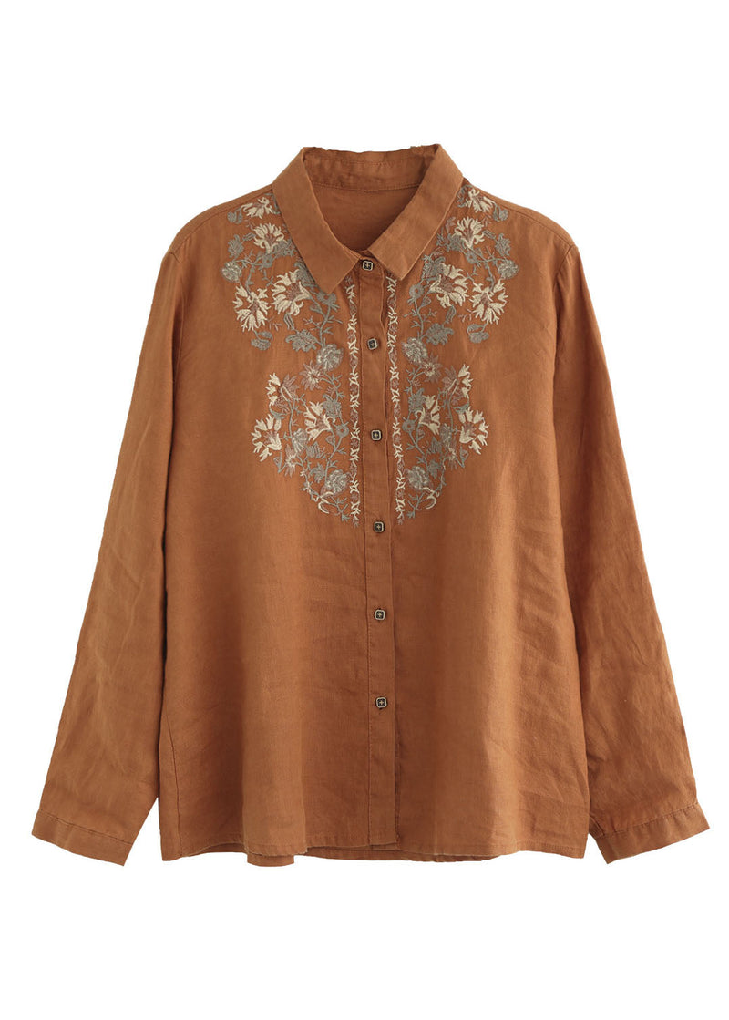 French Beige Peter Pan Collar Embroidered Linen Shirt Tops Spring
