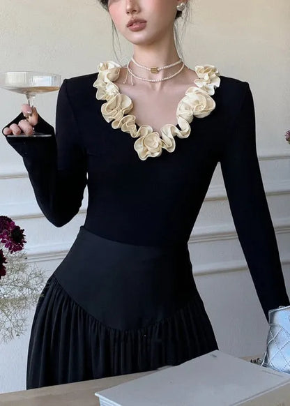 Slim Fit Black V Neck Patchwork Cotton T Shirts Spring