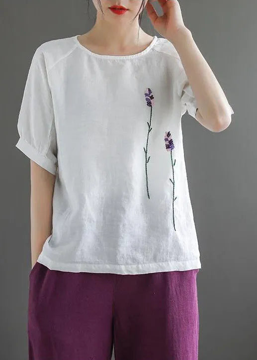 Organic White O-neck Embroidered Linen Tank Tops Short Sleeve