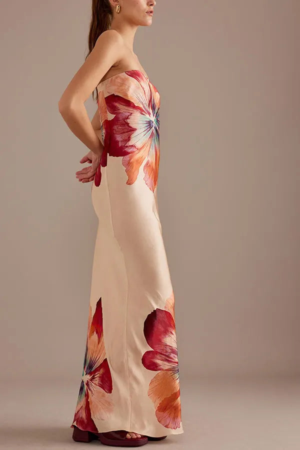Charming Lady Satin Print Bandeau Loose Maxi Dress