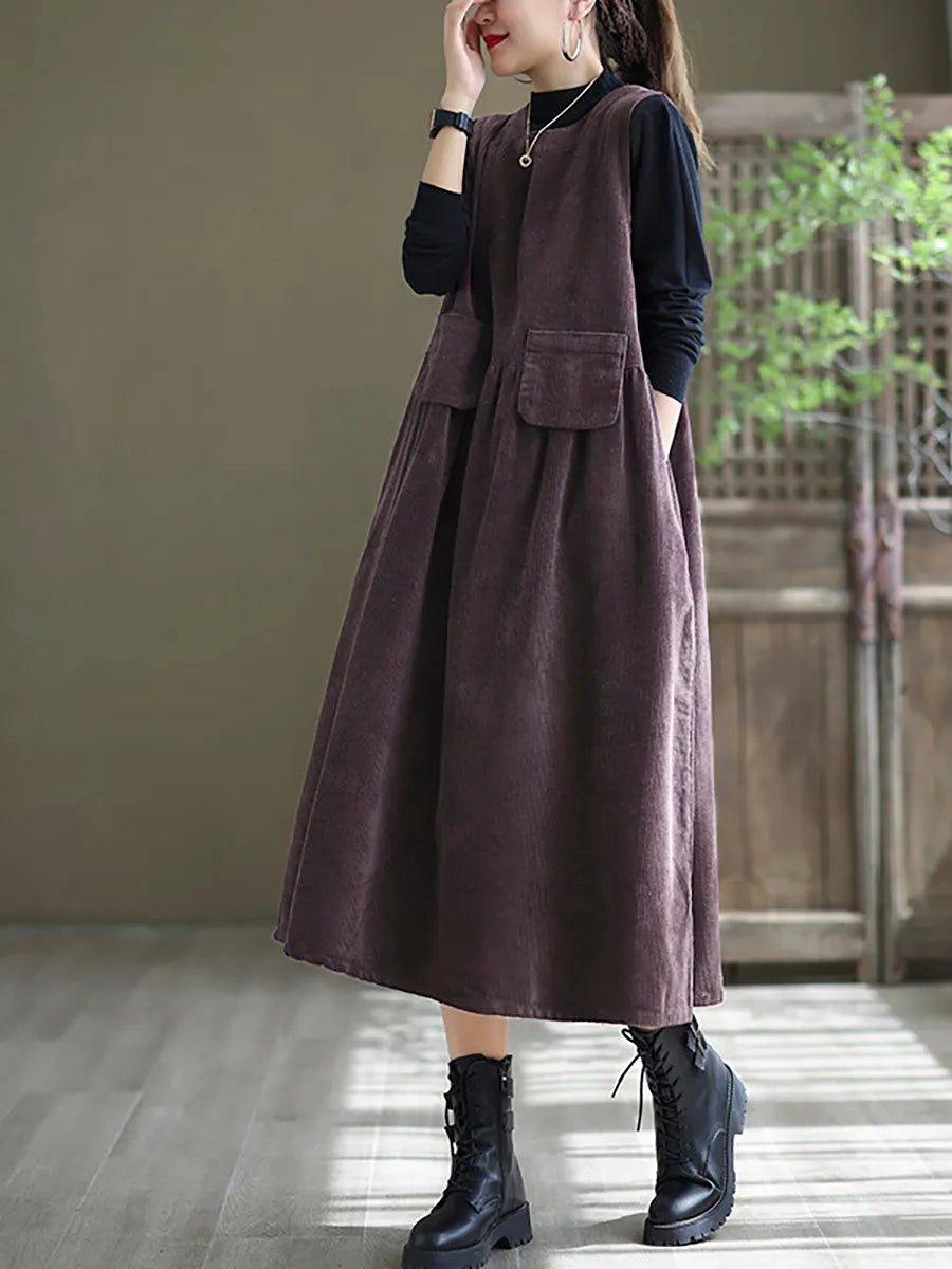 - Corduroy Pocket Sleeveless Pinafore Dress