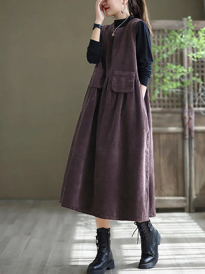 - Corduroy Pocket Sleeveless Pinafore Dress