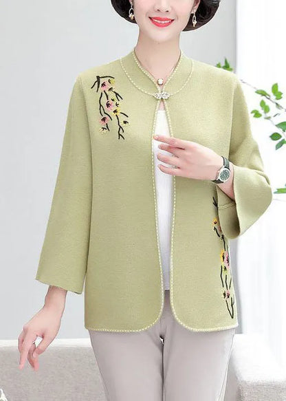 Light Green Stand Collar Embroideried Woolen Loose Cardigan Fall