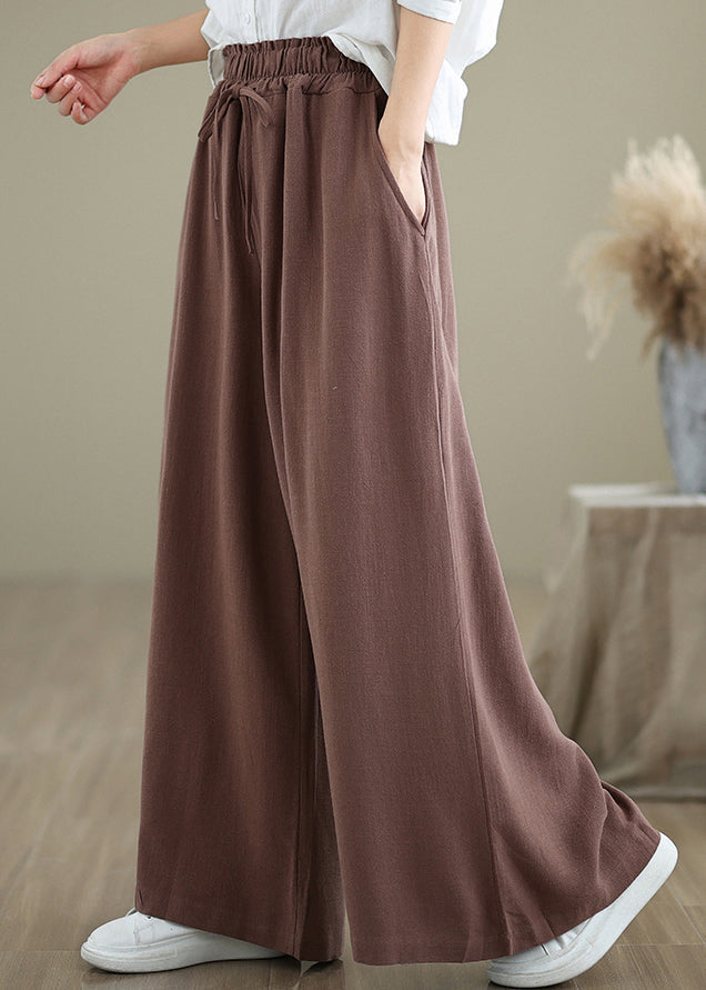 Coffee Pockets Drawstring Cotton Wide Leg Pants Fall