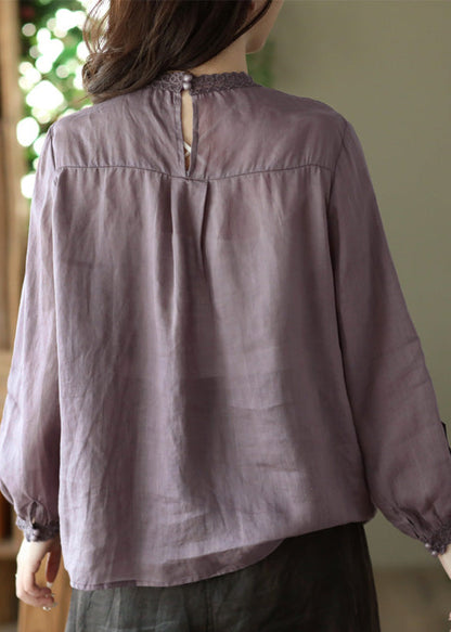 Purple Lace Patchwork Ramie Shirt Long Sleeve