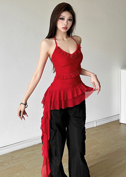 Slim Fit White V Neck Patchwork Backless Vest Summer