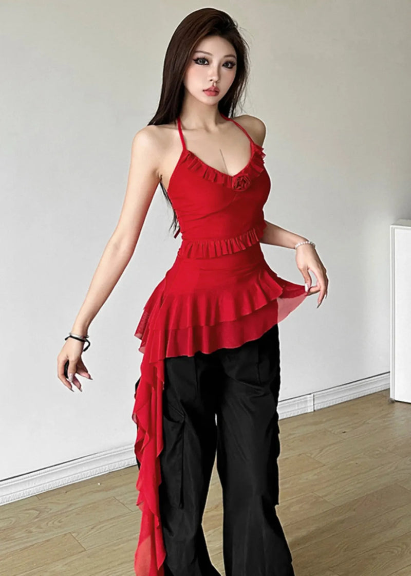 Slim Fit White V Neck Patchwork Backless Vest Summer