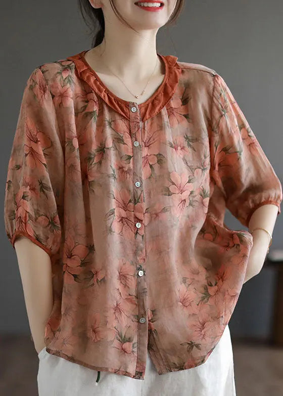 Orange Ruffled Print Patchwork Linen Shirt Top Summer