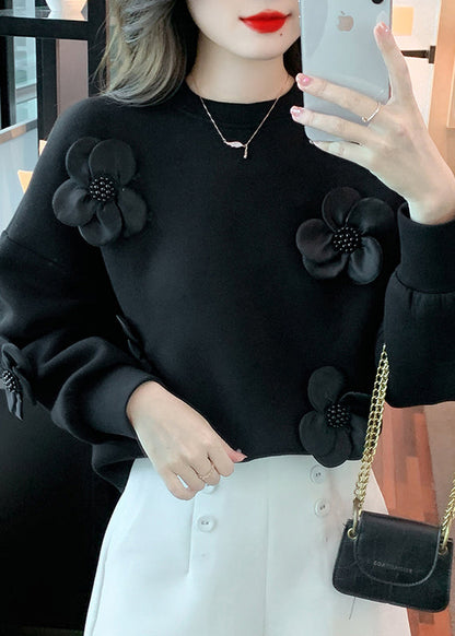 Black O Neck Patchwork Cotton Sweatshirt Fall