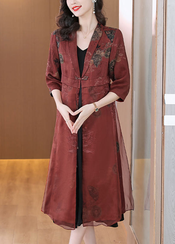 Brick Red Embroideried Silk Cardigans Bracelet Sleeve