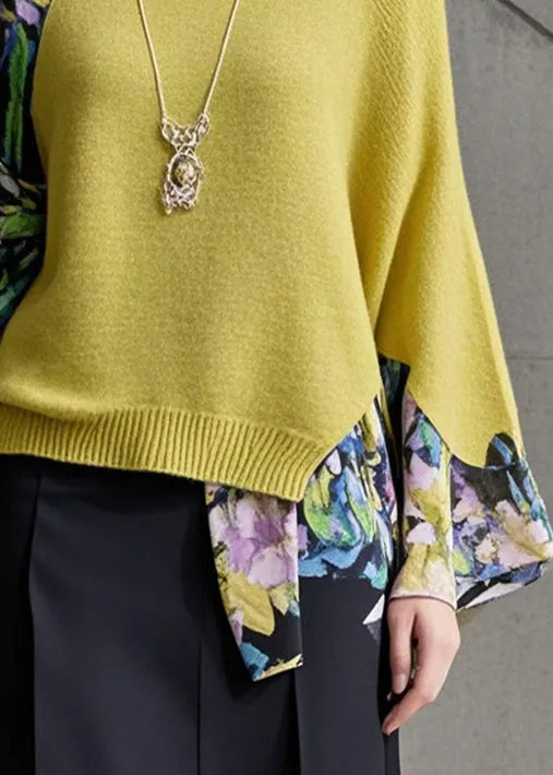 Yellow Asymmetrical Patchwork Fake Two Piece Knit Shirts Fall