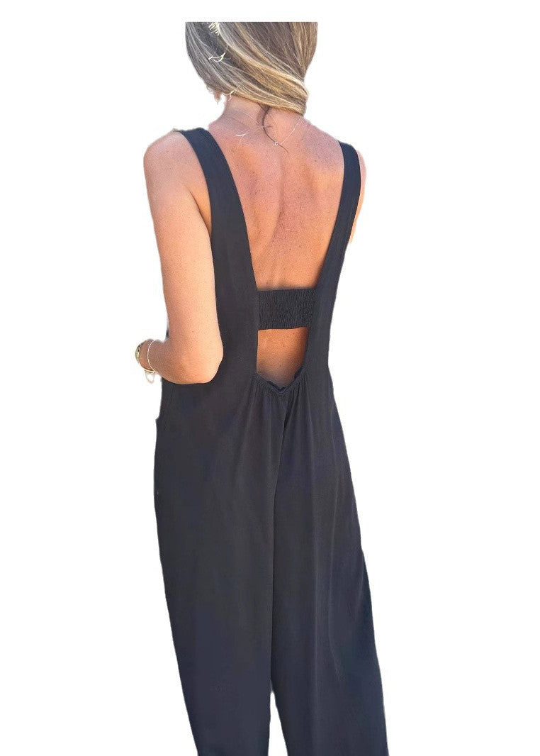 Baby Blue Pockets Button Cotton Overalls Jumpsuit Sleeveless