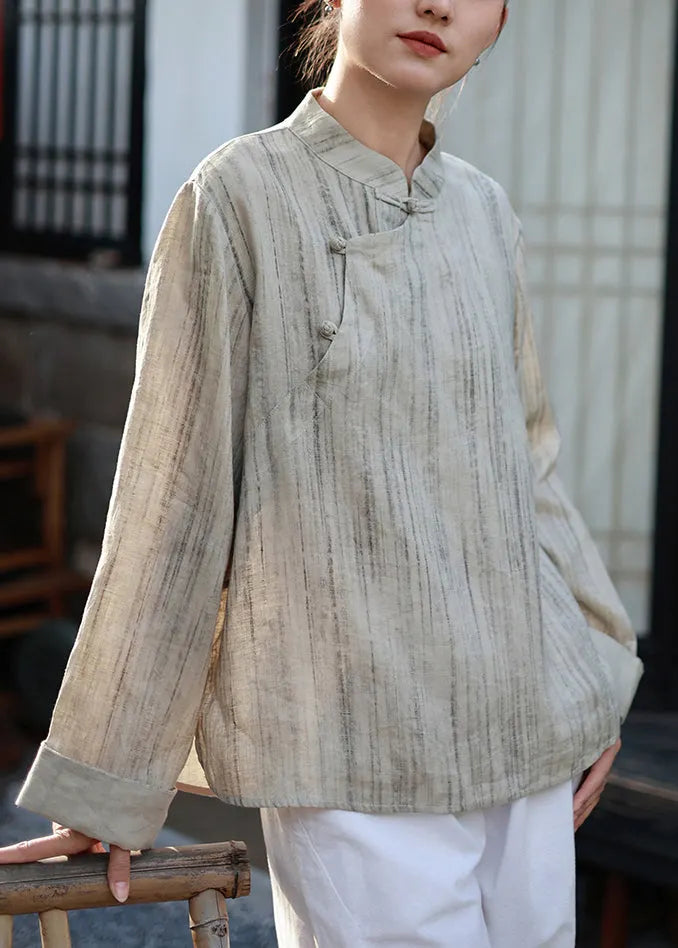 Chinese Style Khaki Stand Collar Patchwork Linen Shirts Spring