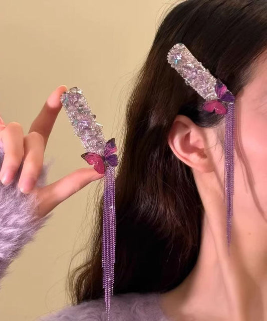 Stylish Purple Alloy Zircon Butterfly Tassel Single Piece Hairpin