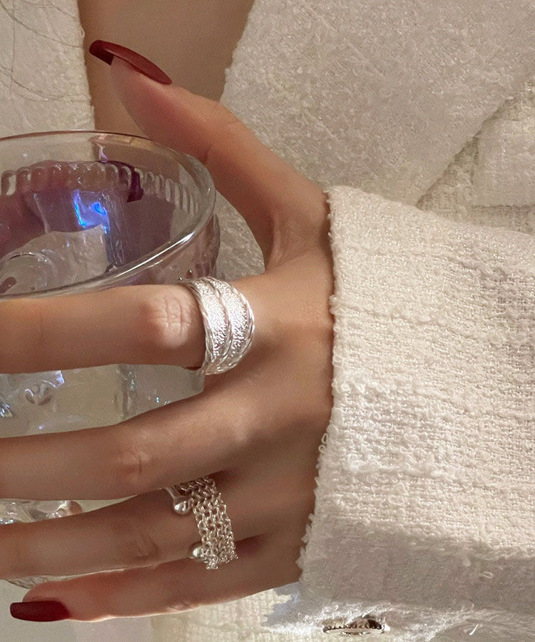 New Silk Sterling Silver Wrinkled Rings Two Piece Set