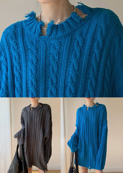 Loose Blue Hole Cable Knit Sweaters Winter
