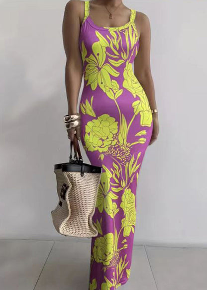 Yellow Print Slim Fit Cotton Spaghetti Strap Dress Summer