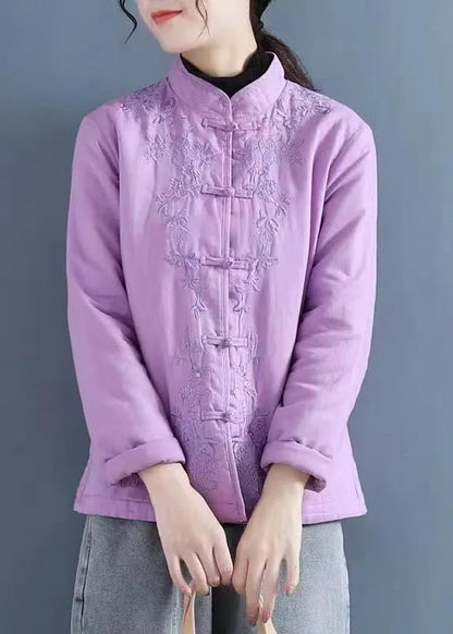 Purple Embroidered Oriental Button Fine Cotton Filled Coats Spring