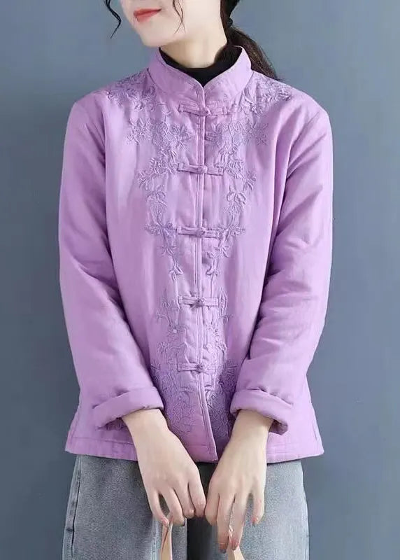 Purple Embroidered Oriental Button Fine Cotton Filled Coats Spring