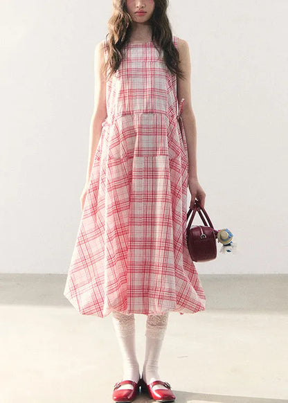 Pink Plaid Lace Up Cotton Long Dress Zippered Summer