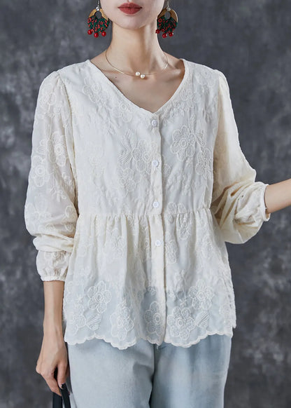 Milk White V Neck Embroidered Cotton Shirt Summer