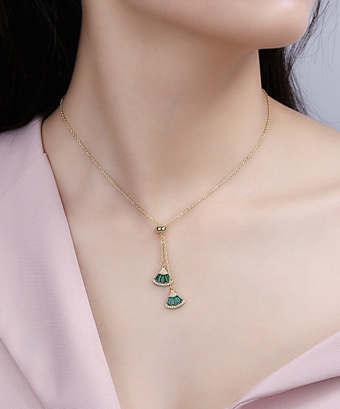 Green Copper Overgild Zircon Fan Shaped Pendant Necklace