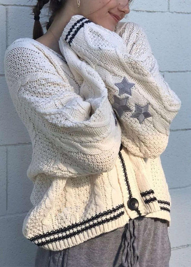 White V Neck Embroidered Knit Cardigan Fall