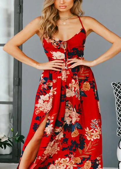 Red Print Backless Cotton Spaghetti Strap Dresses Summer