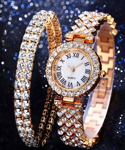 Style Rose Gold Stainless Steel Zircon Starry Sky Watch and Bracelet Two Piece Set