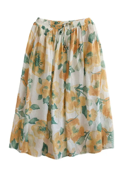 Yellow Print Elastic Waist Maxi Skirt