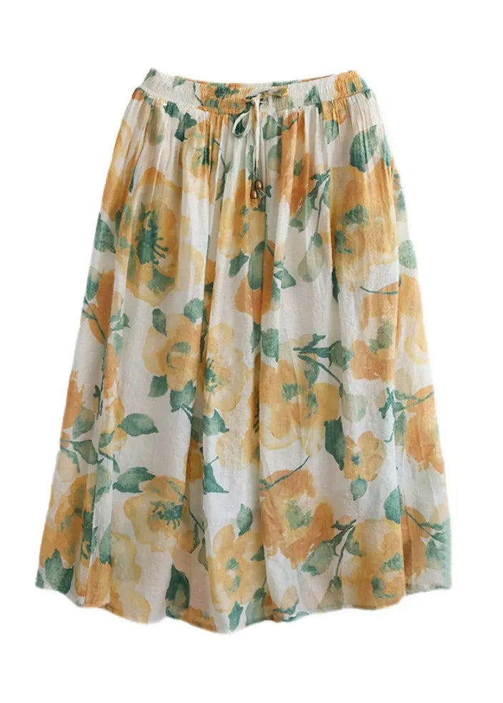 Yellow Print Elastic Waist Maxi Skirt