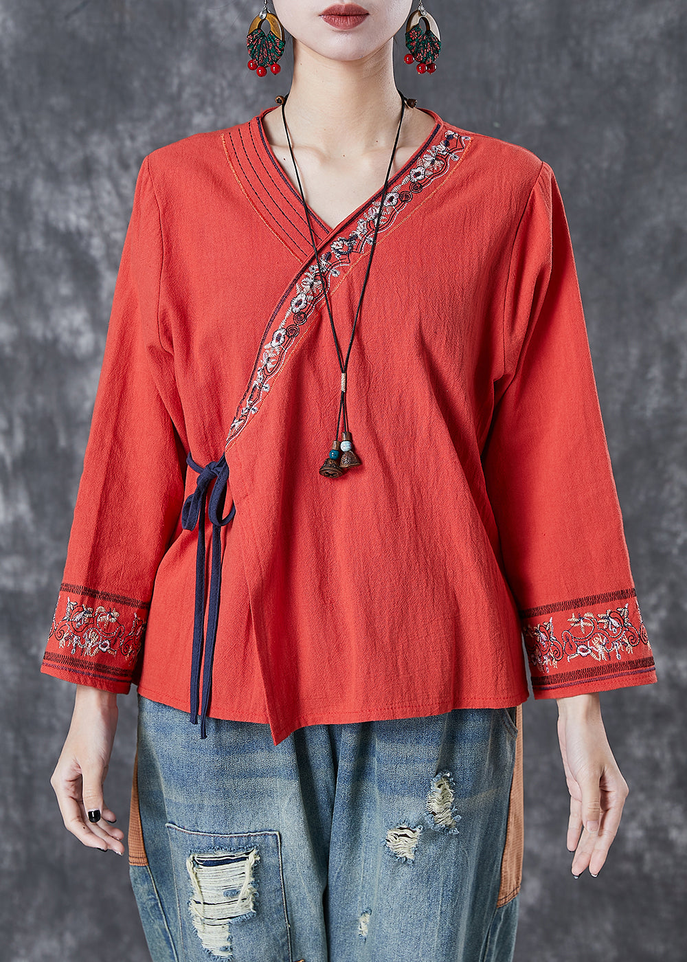 Red Embroidered Lace Up Linen Blouse Top Summer