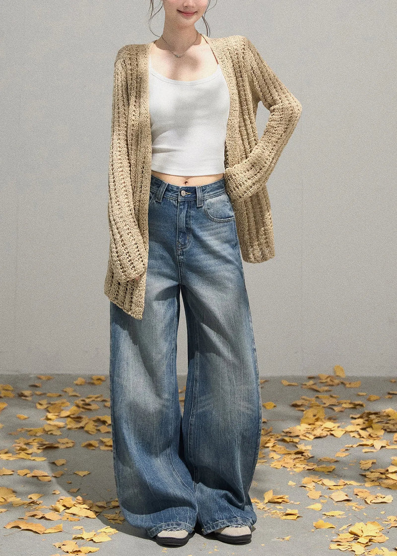 Simple Khaki Oversized Hollow Out Knit Cardigans Fall