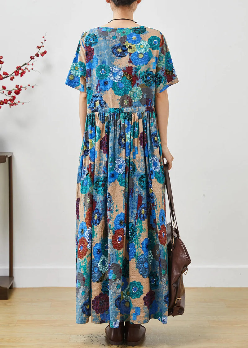 Blue Cinched Exra Large Hem Cotton Dress Summer