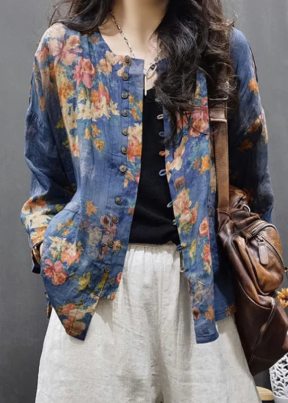 Blue Print Button Linen Top Long Sleeve