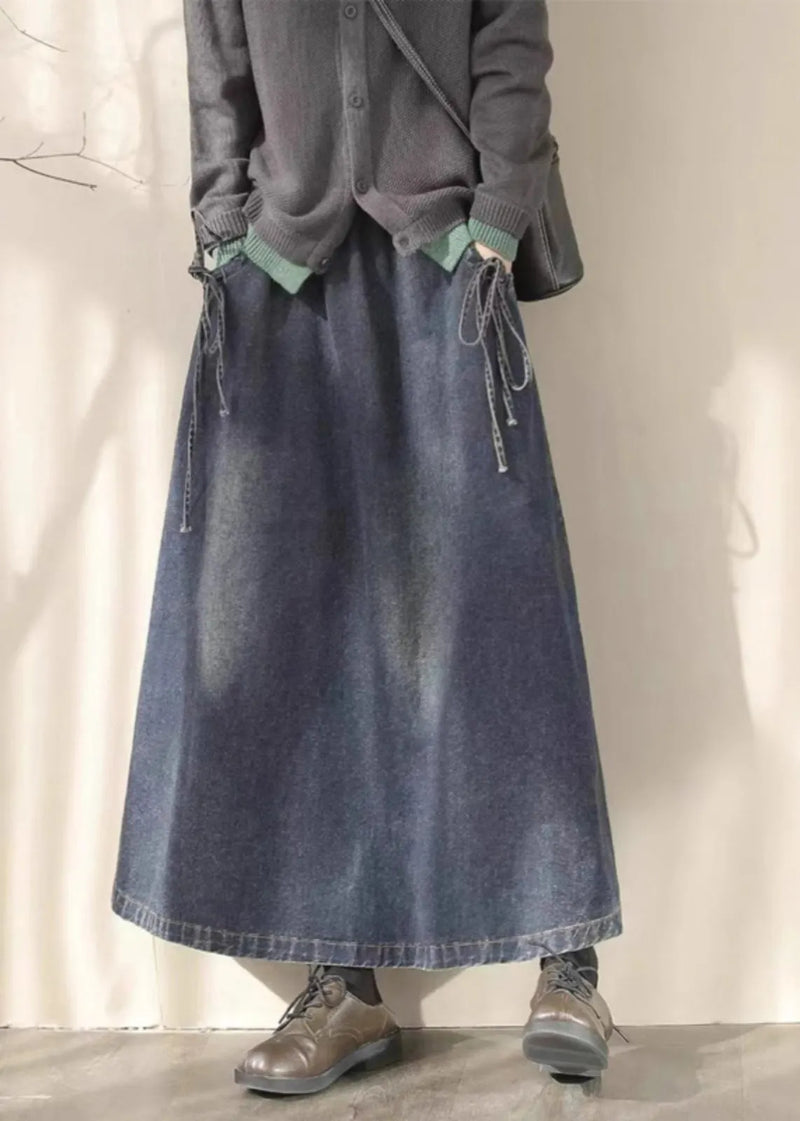 Blue Elastic Waist Lace Up Denim Skirt Spring