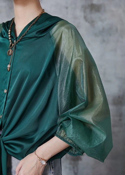 Peacock Green Hooded Patchwork Silk Blouse Tops Fall