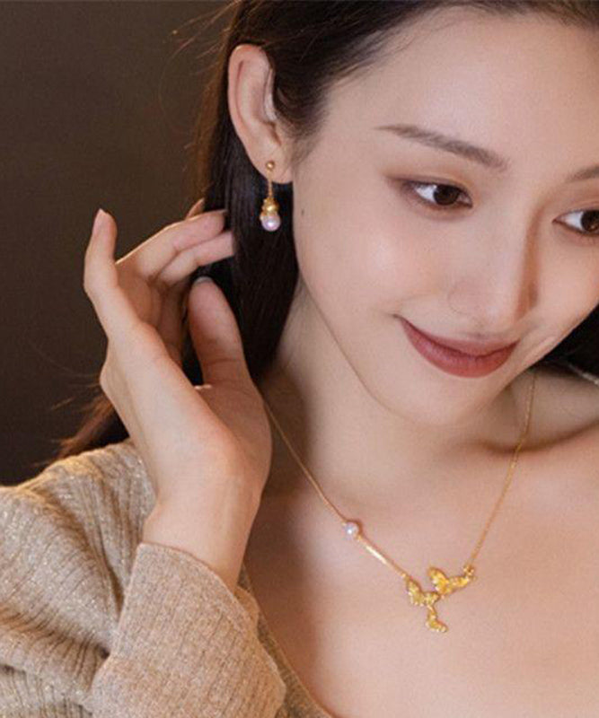 Chinese Style Gold Sterling Silver Overgild Pearl Little Cat Drop Earrings