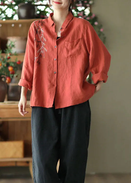 Red Peter Pan Collar Patchwork Linen Blouses Spring