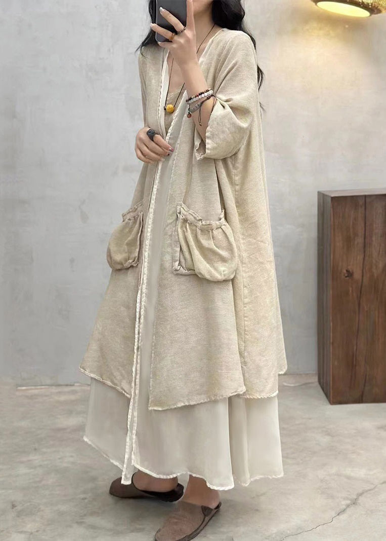 Apricot Loose Cotton Long Cardigan Pockets Half Sleeve