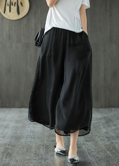 Handmade Black-print1 Elastic Waist Retro Wide Leg Crop Pants