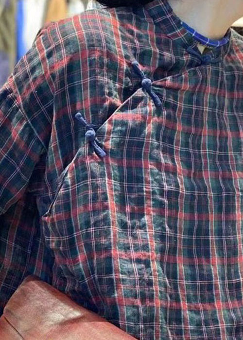 Plaid Button Cotton Blouses Stand Collar Bracelet Sleeve