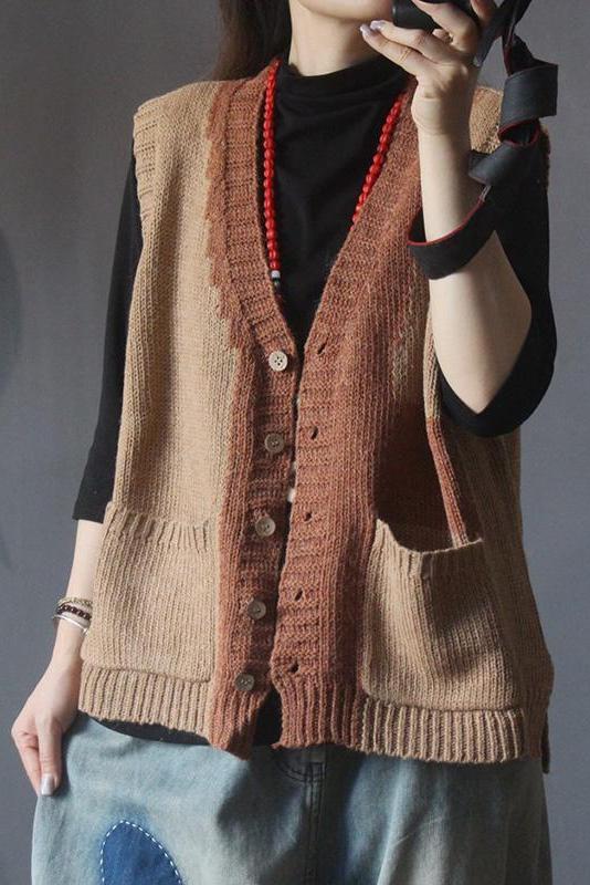 Retro Knitted Color Contrast Sleeveless Sweater Coat