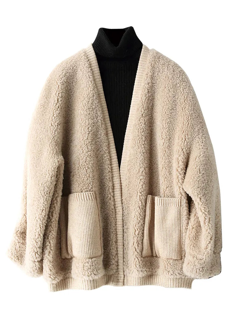 Loose V Neck Pockets Patchwork Faux Fur Coats Winter