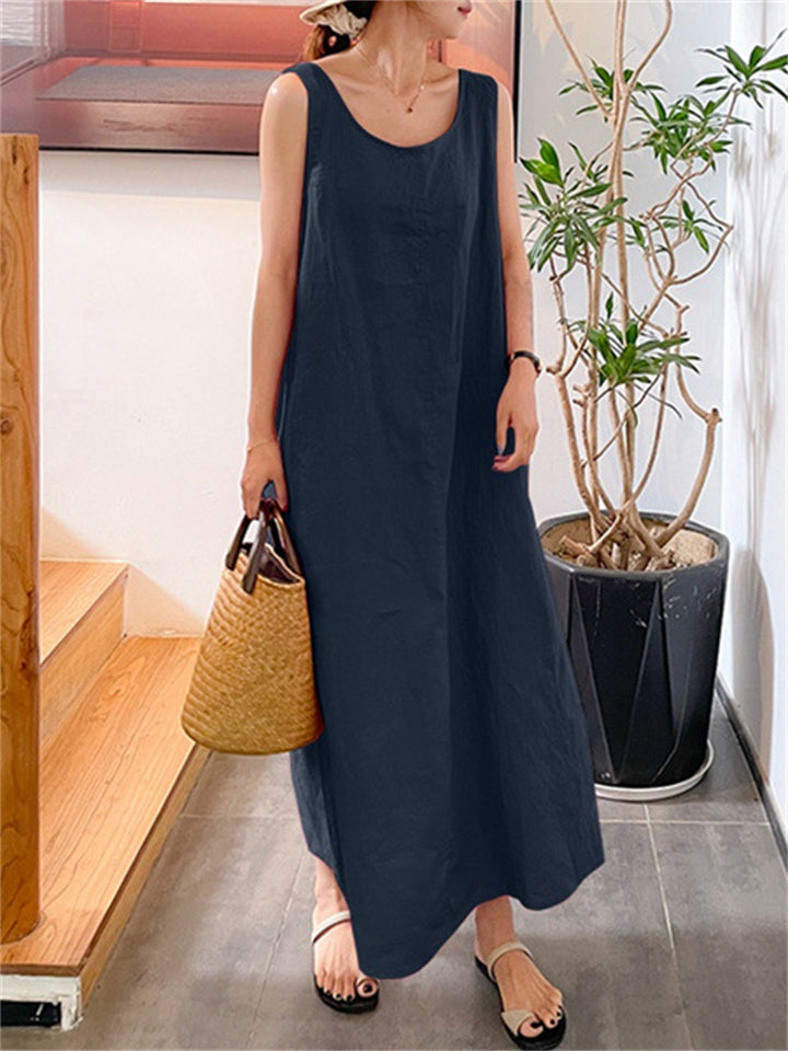 Cotton Linen Simple Wind Loose Pockets Round Neck Temperament Sleeveless Color Dress Female
